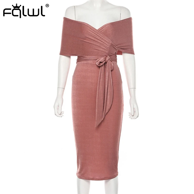 FQLWL Strapless Pink Sexy Bodycon Dress Women Off Shoulder Backless Wrap Midi Autumn Ladies Celebrity Club Party Dresses | Женская
