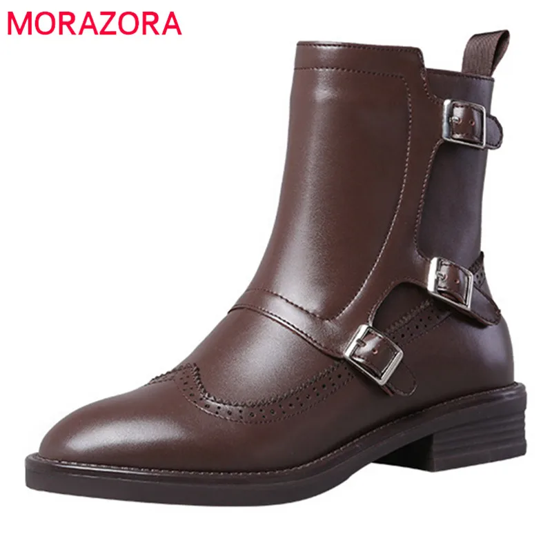 

MORAZORA 2022 Vintage Genuine Leather Shoes Women Ankle Boots Buckle Comfortable Low Heels Casual Shoes Women Motorcycles Boots