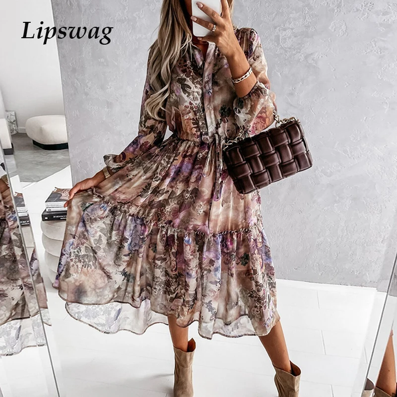 

Fashion Womens Floral Print Dress 2021 Autumn Elegant Elastic Waist Slim Dress Vintage Female V-Neck Button Ruffle Party Dresses
