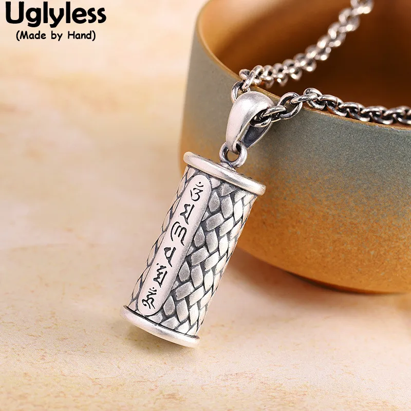 

Uglyless Real 999 Full Silver Cylindrical Knitted Box Pendants for Men Women Unisex Buddhism 6-Word Mantra Necklaces NO Chains