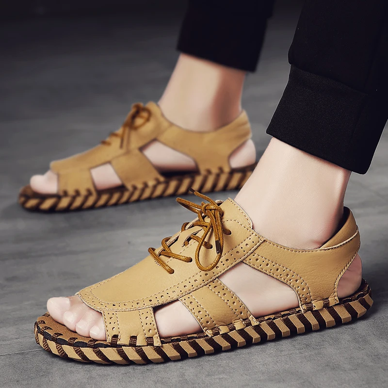 

Men Sandals Gladiators Casual Roman Shoes Outside Breathable Mens Genuine Leather Summer Comfortable Sandalias Hombre Plus Size