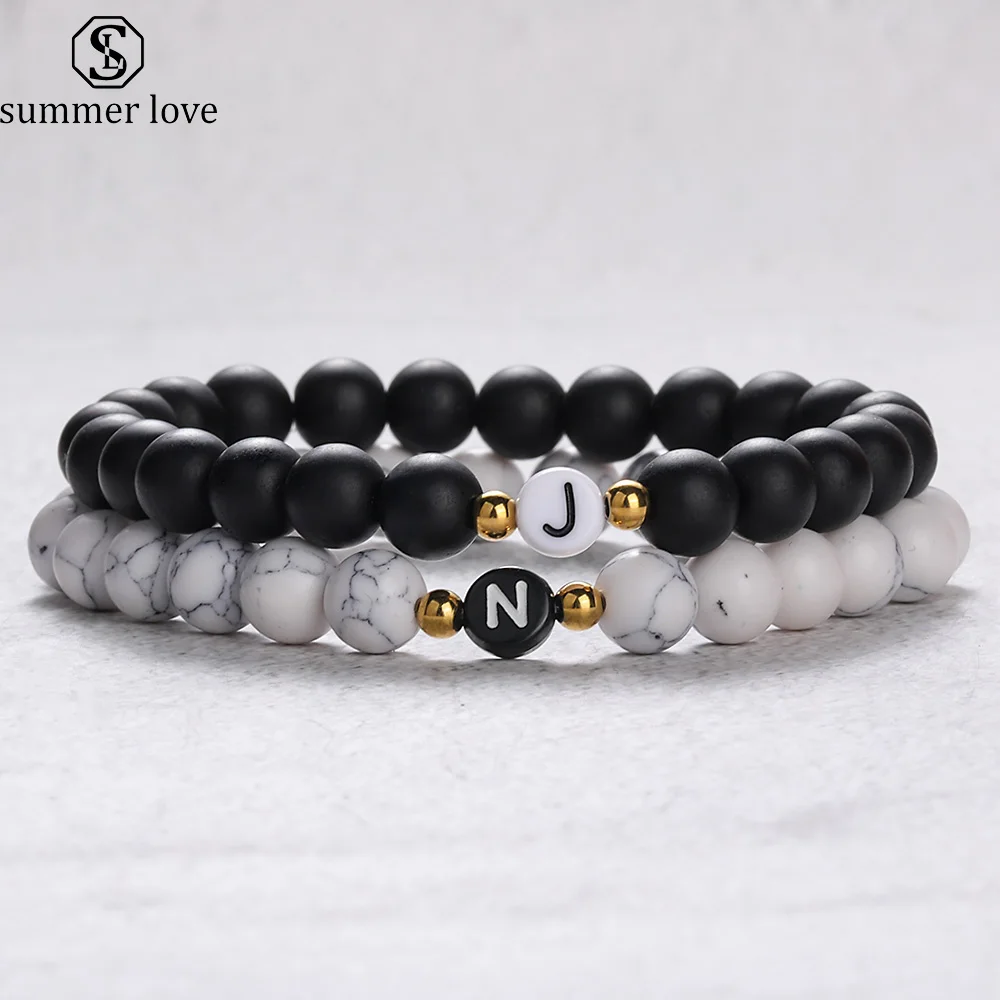 

A-Z Initial Letter Name Beads Friendship Bracelets for Women Men Natural Stone Beaded Bracelet Couple Valentine Day Jewelry Gift