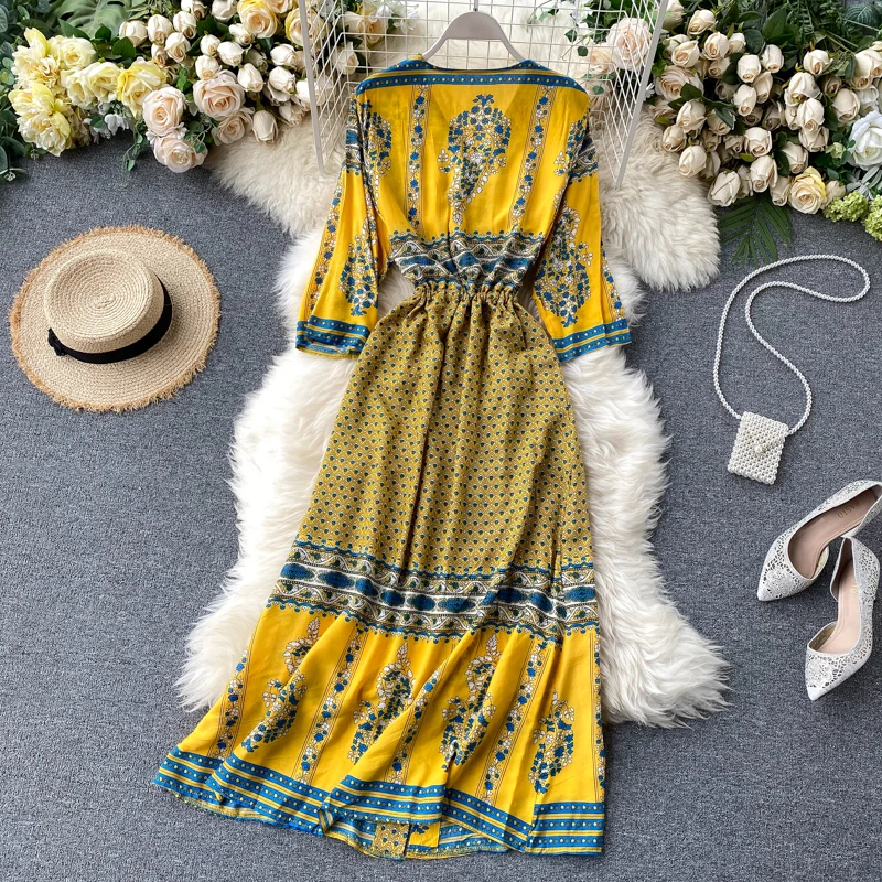 

FTLZZ New A Line V Neck Single Breasted Chiffon High Waist Women Dresses Summer Vintage Floral Print Lady Short Dress