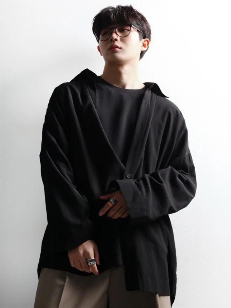 Men's Long Sleeve Shirt Spring And Autumn New Pure Color Simple Korean Fashion Casual Loose Large Size Shirt
