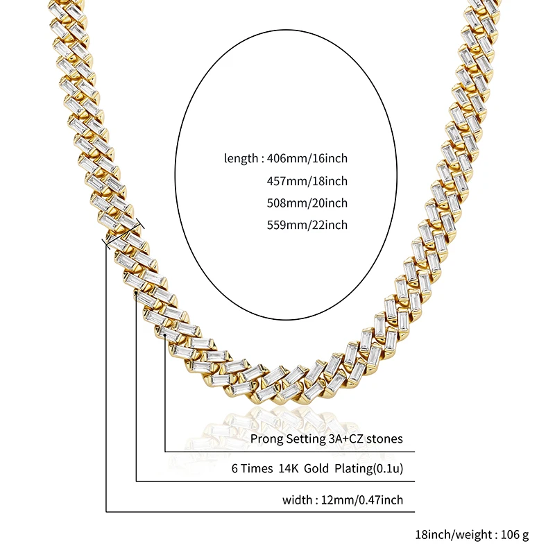

JINAO HIP HOP Quality Personality Iced Out AAA+ Rectangle Cubic Zirconia Spring clasp Necklace Men and Women Jewelry For Gift