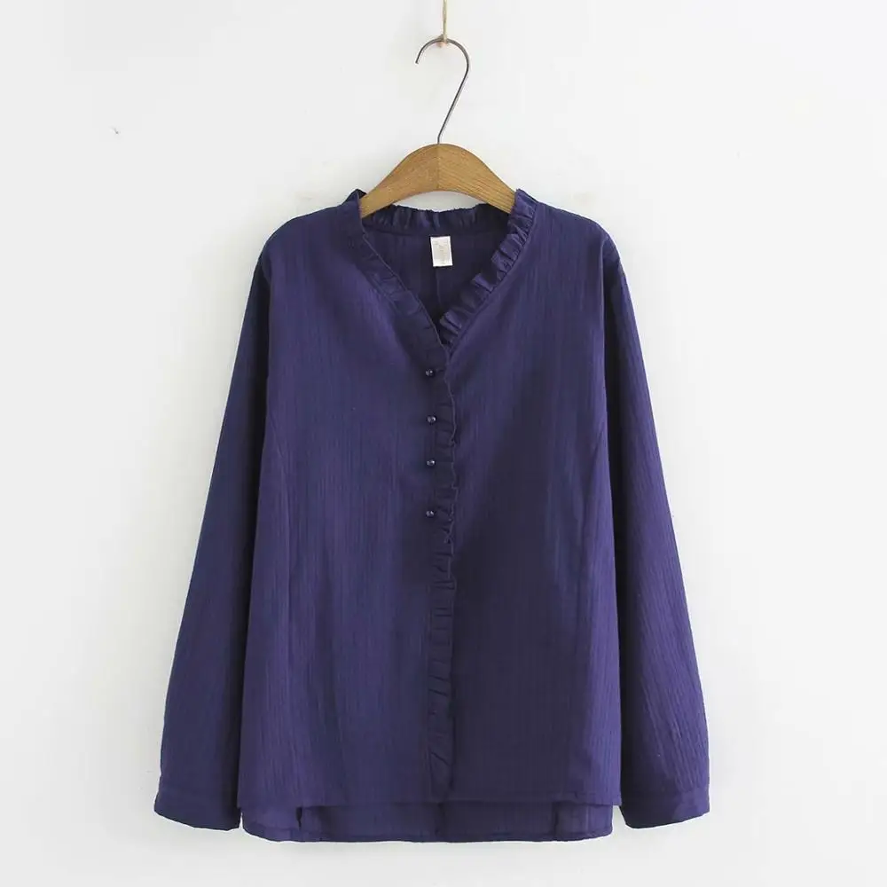 

Plus size Ruffled collar cotton women long sleeve shirts 2020 spring autumn casual ladies soft pullover blouse tops female navy