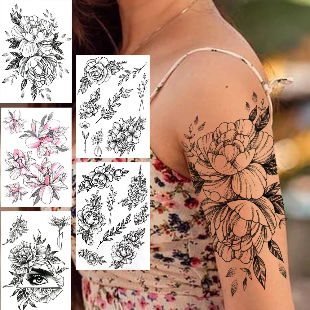 

Large Peony Flower Temporary Tattoos For Women Girl Lotus Eye Triangle Tattoo Sticker Black Leaves Tatoos Dahlia Orchid Zinna