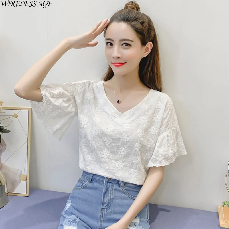 

WIRELESS AGE Shirt Short Sleeve Korean Style Elegant Chic Sexy Top Small Highlights 2021 New Women's Fashion Temperament Wild