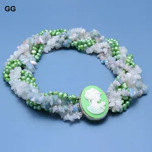 GuaiGuai Jewelry 7 Rows Natural Green Baroque Pearl Real Stone Aquamarine Moonstone Chips Beauty Clasp Necklace For Women