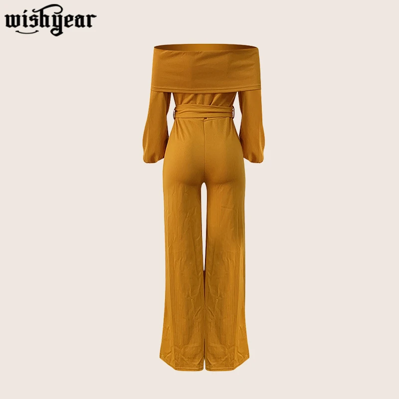 

Women Sexy Ribbed Jumpsuit Long Sleeve Slash Neck With Sashes Romper Wide Leg Pants Casual Party Outfits Office Lady Overalls