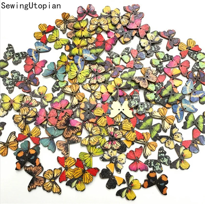 

50PCS 28MM Butterfly 2Hole Children Sewing Wooden Buttons for Clothing Scrapbooking Crafts DIY Kid Apparel Supplies Wood Button