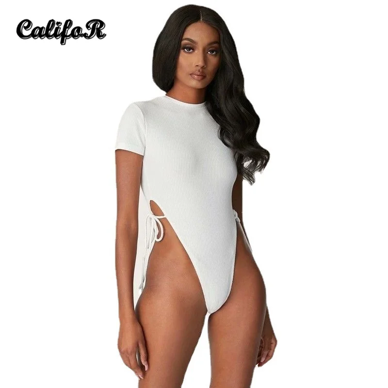 

Split Bareback Short Sleeves Bodysuits for Women Summer 2021 Skinny High Waist Rompers O-neck White Women's One Piece Cloth