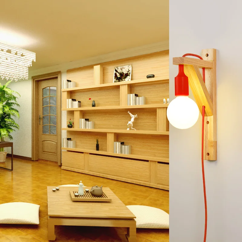 Настенные светильники с кабелем, простые деревянные креативные подвесные светильники из массива дерева для коридора, прикроватного столик... от AliExpress WW