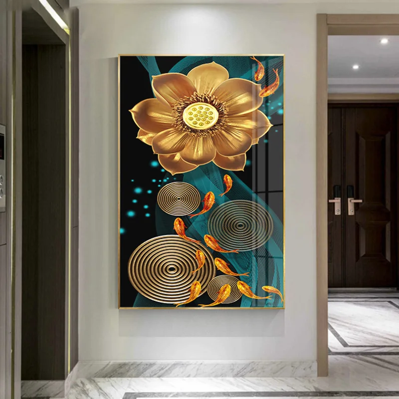 

Abstract Gold Lotus Fishes Canvas Painting Modern Poster Art Cuadros New Chinese Style Decor Wall Pictures for Living Room Aisle