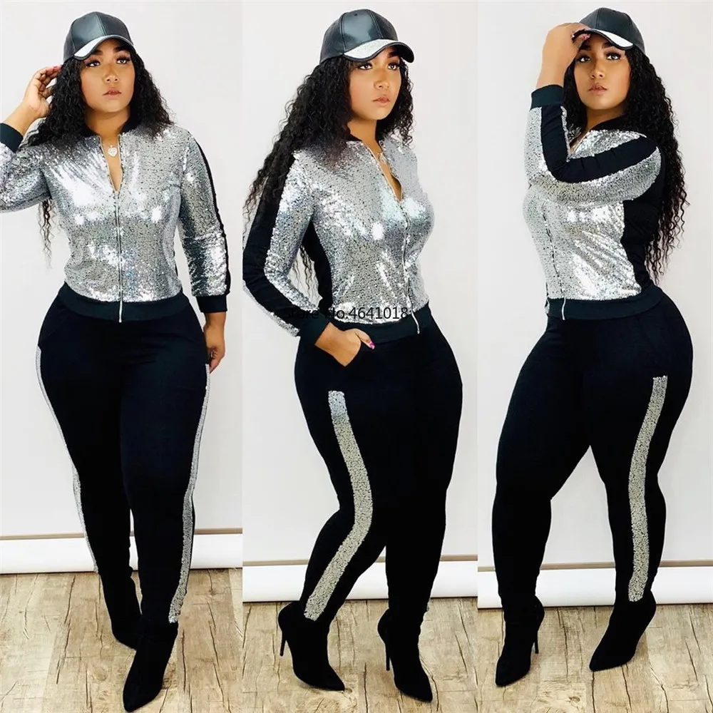 Осень зима блесток 2 шт. Комплект женский спортивный костюм куртка с длинными
