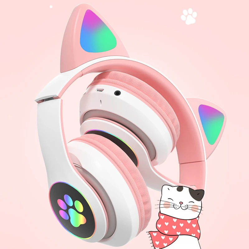 

RGB Cat Ear Headphones Bluetooth-compatible 5.0 Bass Noise Cancelling Adults Kids Girl Headset Support TF Card With Mic