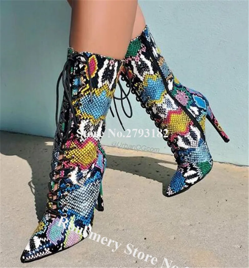 

Кожаные ботинки в западном стиле, с острым носком, на шпильке, с принтом, на шнуровке, ботильоны на высоком каблуке