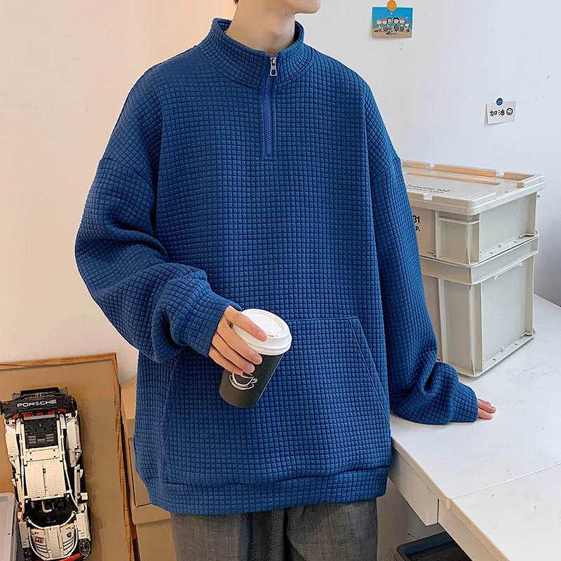 

2022 Spring Solid Color Waffle Klein Blue Tide Men's Zipper Pullover Sweater