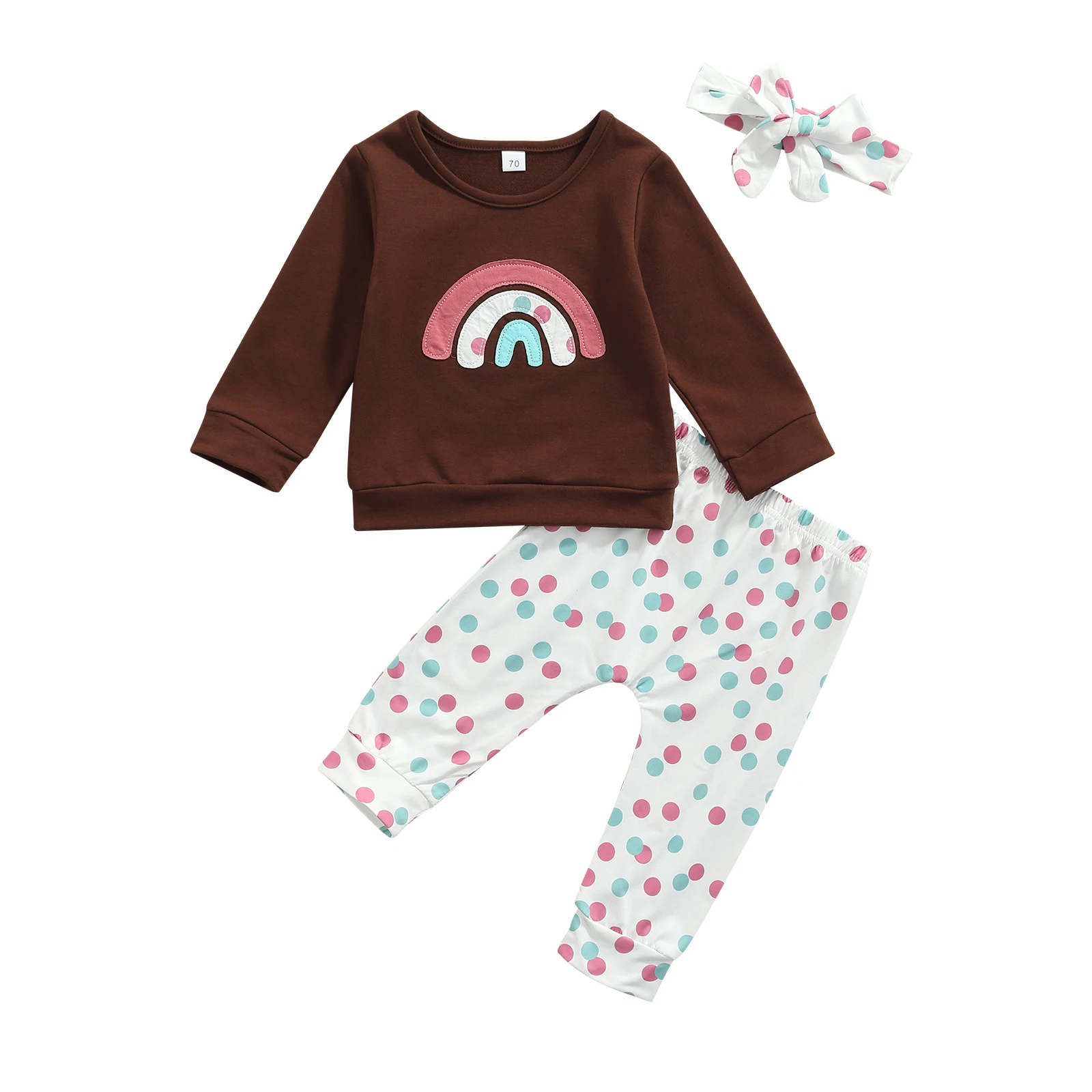 

OPPERIAYA Toddler Baby Long Sleeve Round Neck Tops Trousers Bow Headband Rainbow Pattern Printing Spring Autumn Cotton Clothing