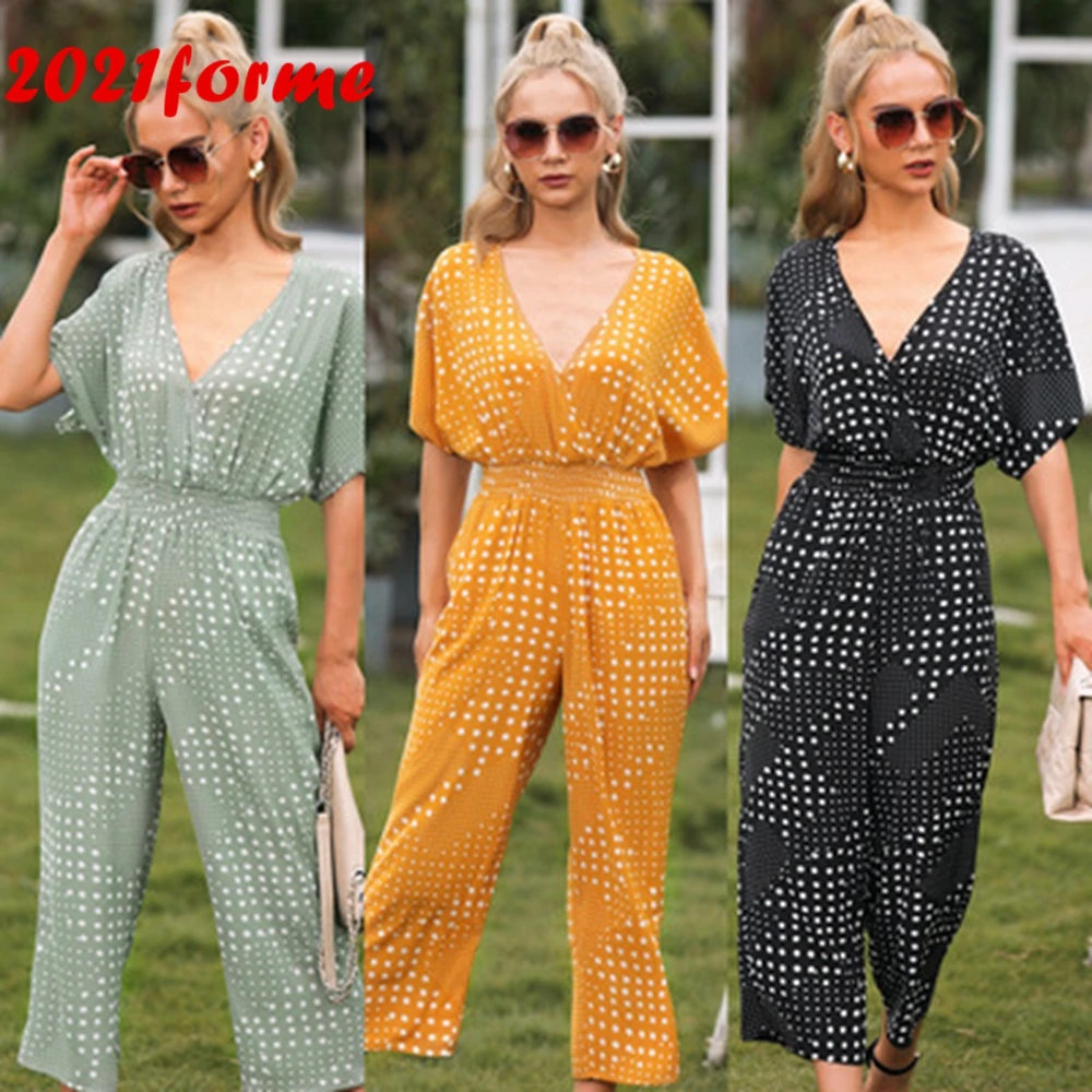 

Комбинезон женский летний, с коротким рукавом, V-образным вырезом, широкими штанинами, свободный, размера плюс