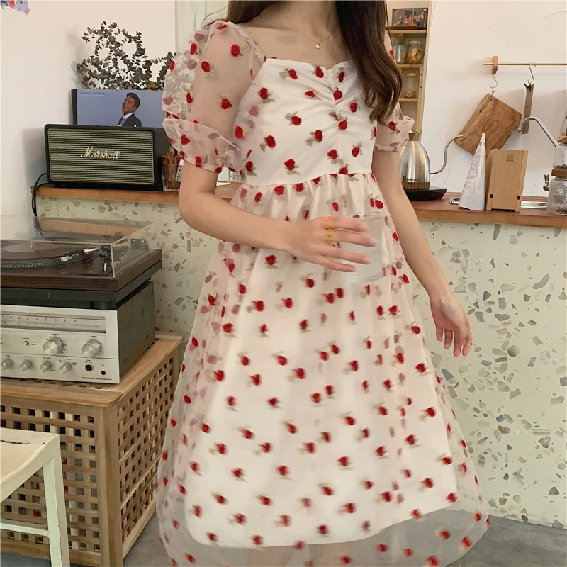 

Japanese sweet lolita dress vintage stand puff sleeve high waist cute printing victorian dress kawaii girl gothic lolita op loli