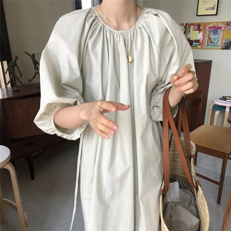 

Lazy Style Vintage French Elegant Chic Lady Solid Brief Women High Quality Loose All Match Lace Up Long Dresses