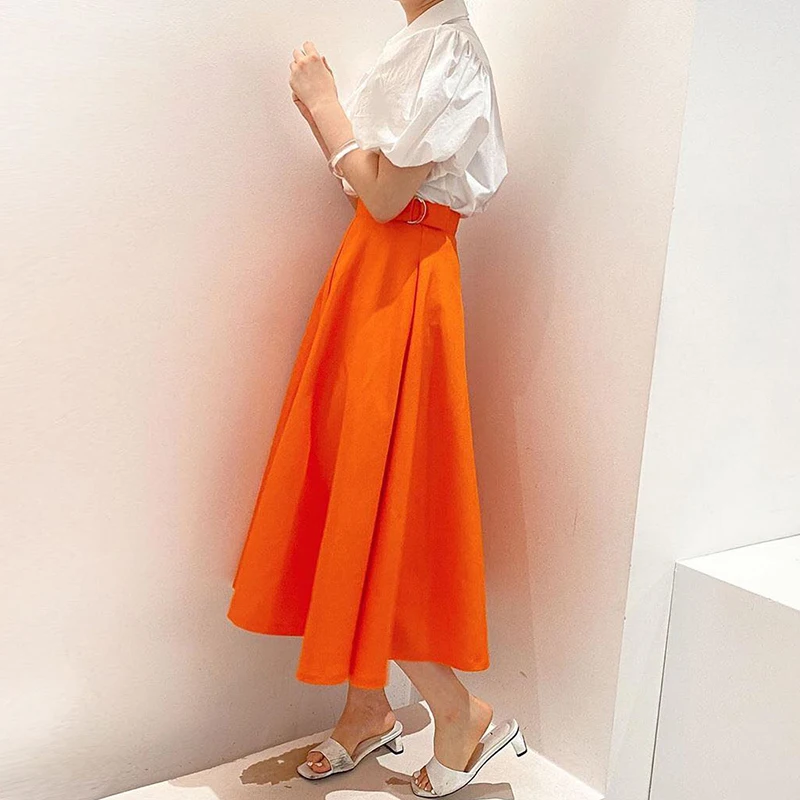 

Summer Two Piece Set Top and Skirt Women Puff Sleeve White Blouses and High Waist Pleated Long Skirt Casual 2 Piece Set