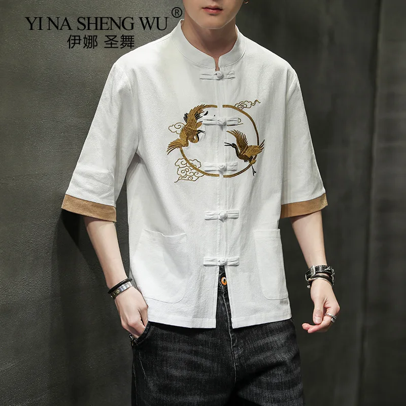

Новая стильная японская Летняя мужская рубашка в китайском стиле с вышивкой и короткими рукавами, льняная ретро-куртка Тан, мужская рубашка...