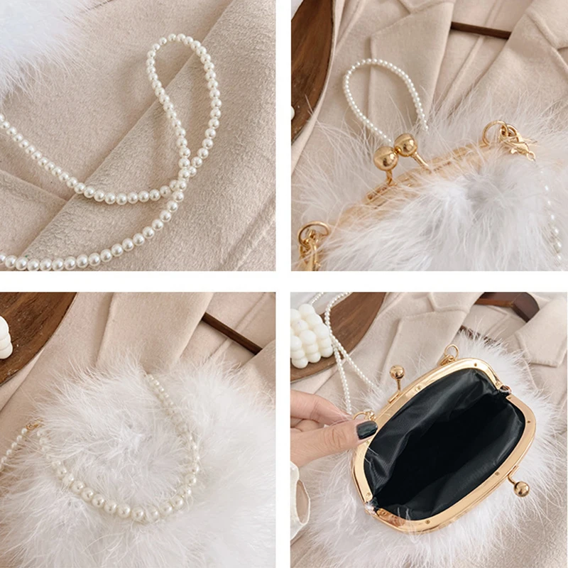 

Women's Bag Luxury Designer Handbag White Feather Fashion Pearl Chain Shoulder Bag Female Party Clutch Bag Wedding Z020