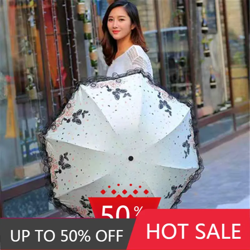 

Fashion Lace Tri-Fold Sun Umbrella Sunny and Rainy Dual-Use Vinyl Folding Umbrella Love of Butterfly Umbrella unbrella