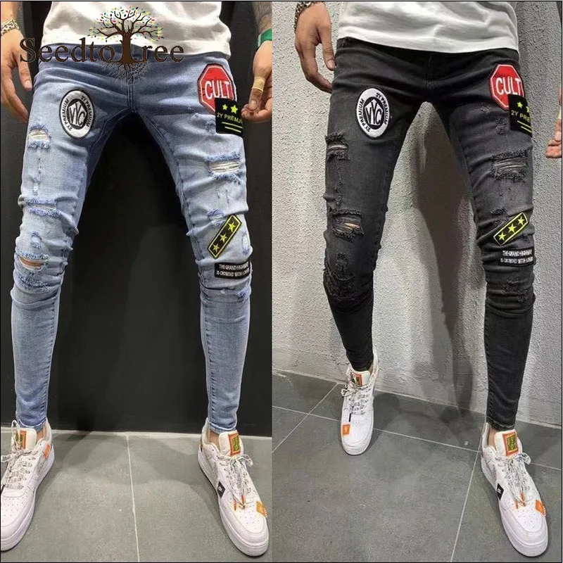 

Men's Jeans Ripped Elastic Slim Fit Men's Denim Trousers Hole Pencil Pants