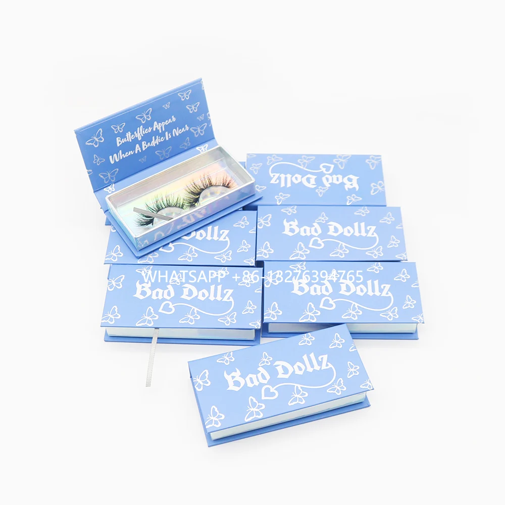 

Hot Stamping Butterfly Sky Blue Rectangle Mink Eyelashes Boxes With Tray Custom Lashes Cases Packaging With Logo Real Mink Lash