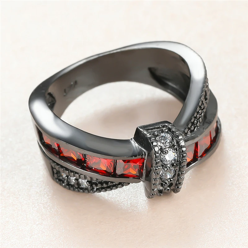 

Charm Female Red Crystal Stone Rings Vintage 14KT Black Gold Wedding Rings For Women Cute Bride Bowknot Zircon Engagement Ring