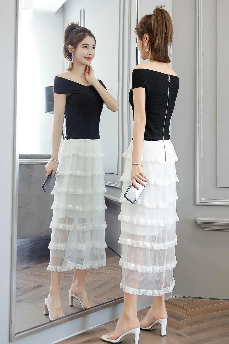 

2021 Summer New Women's Unique V-Neck Skirt Temperament Goddess Cake Skirt Sleeveless Mesh Stitching High Waist Fashion Dress