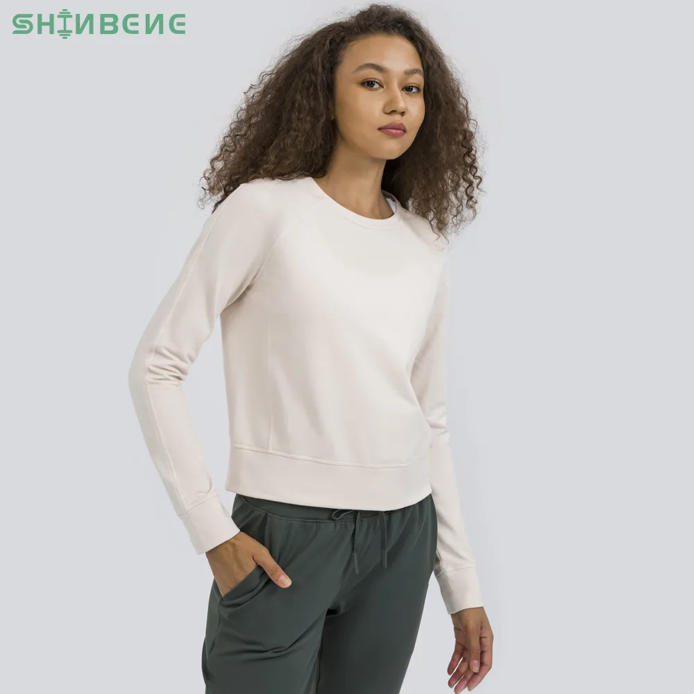 

SHINBENE Thermal French Terry Running Gym Sweatshirt Women Leisure Crew Neck Cotton Sport Pullover Fitness Long Sleeve Tops