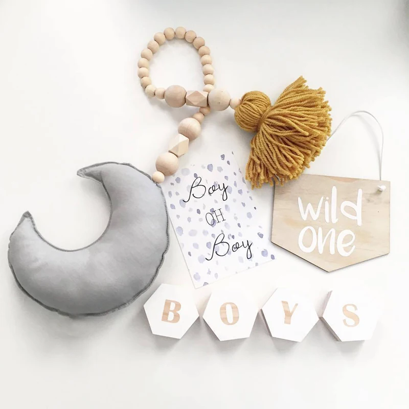 

Tassel Wooden Beads Ornament Kids Room Decoration Nordic Moon Wall Decor Photography Props Nursery Tent Hanging Pendant