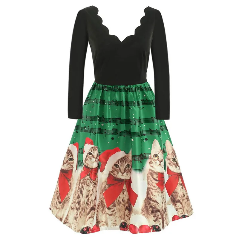 Женское платье с коротким рукавом Хэллоуин Рождество кошка принт музыкальных