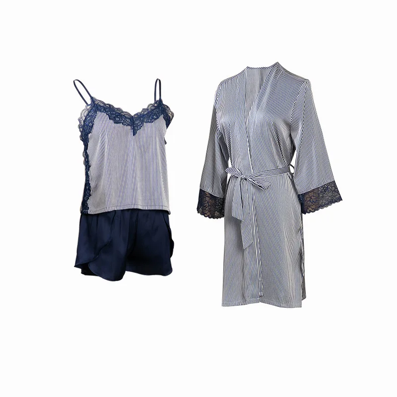 

Female 3PCS Stripe Rayon Pajamas Set Lace Floral Trim Strap Top Nightdress Kimono&Short Sleep Suit Pyjamas Summer Home Sleepwear