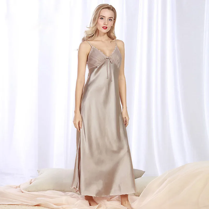 Women's Sleepshirts Satin Soft Female Sleepwear Satin Plus Size Summer Camisole V Neck Ladies Nightwear Elegant Nightgown