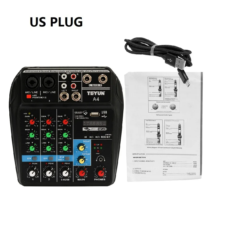 TU04 BT 4 канала звук микшерный пульт запись 48 В Phantom power Monitor AUX дорожки плюс эффекты аудио микшер с USB - Цвет: US Plug