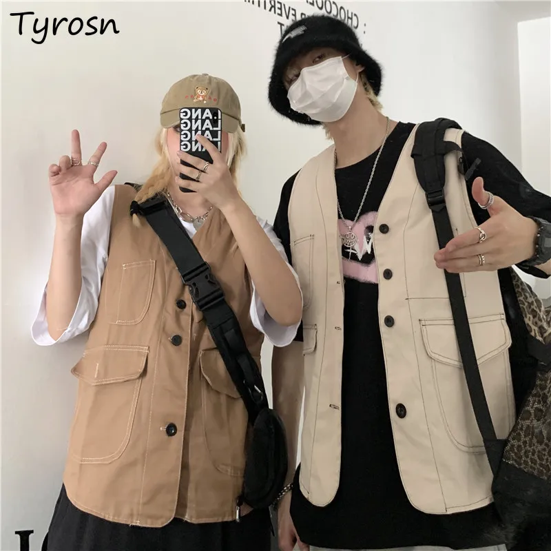 

Vests Women Retro Safari Style Pockets V-neck Waistcoats Vintage Streetwear Sleeveless Coats Single Breasted Tooling Top Couples