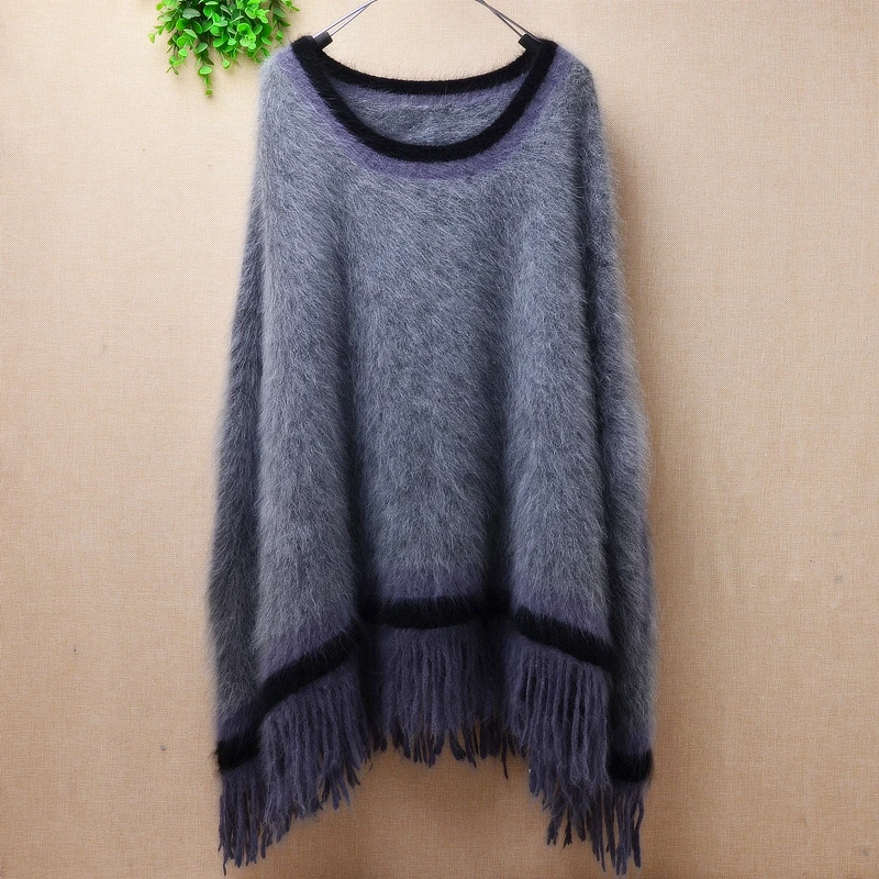 

ladies women hairy o-neck fuzzy mink cashmere tassel batwing sleeveless pullover swing cloak angora rabbit fur jumper wrap top