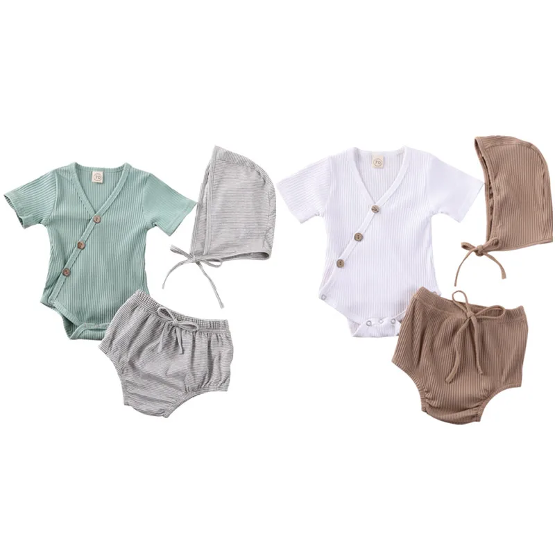 3 шт. детский хлопковый комбинезон в рубчик с V образным вырезом| |