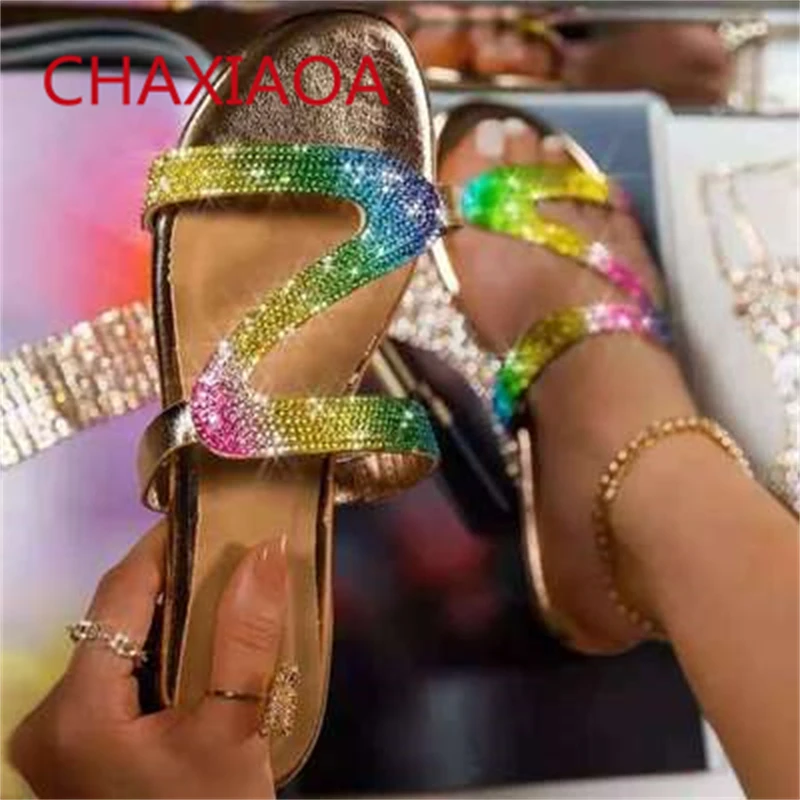

CHAXIAOA 2021 New Women Slipper Open Toe Luxury Crystal Flats Ladies Summer Beach Shoes Casual Comfort Slides Female Slippers