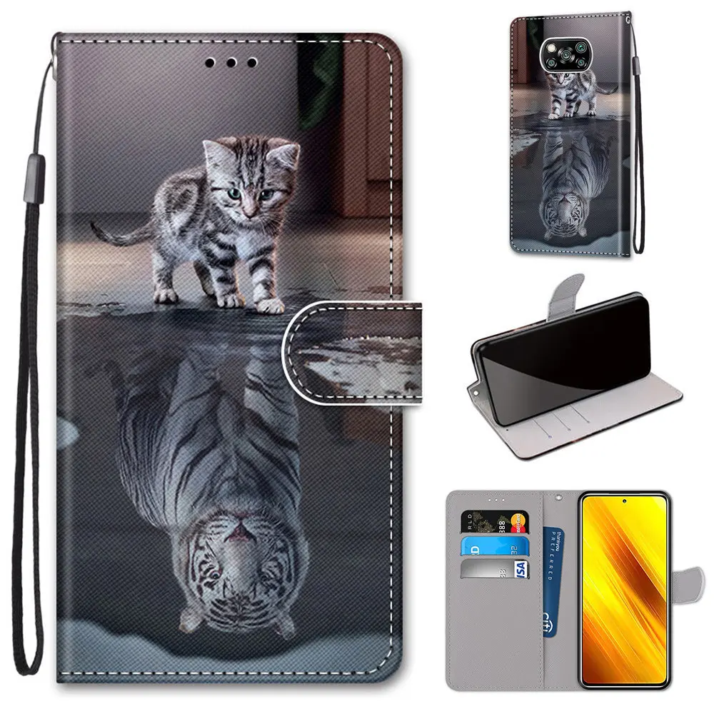leather flip phone case for xiaomi poco x3 nfc pro m3 f3 flower cute cat painted wallet card holder stand book cover butterfly free global shipping