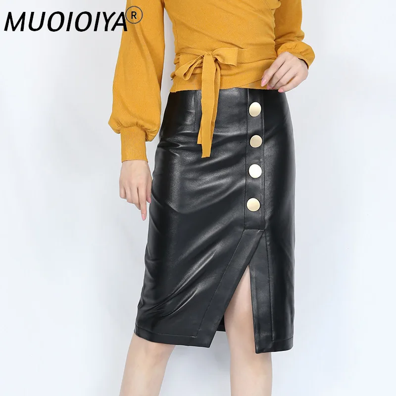 

Genuine Leather Skirt Women Natural Real Sheepskin High Waist Fashion Ladies White Black Midi Straight Skirts Buttons Designs
