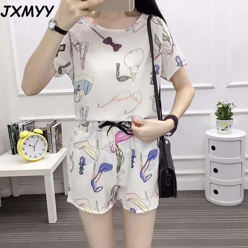 

2021 Summer New Products Women's Suit Printed Short Sleeve T-shirt Elastic Waist Shorts Thin Two-piece Elegant Women's Clothing