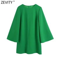 zevity women fashion solid color casual loose green mini dress office lady chic basic o neck back zipper party vestidos ds8995