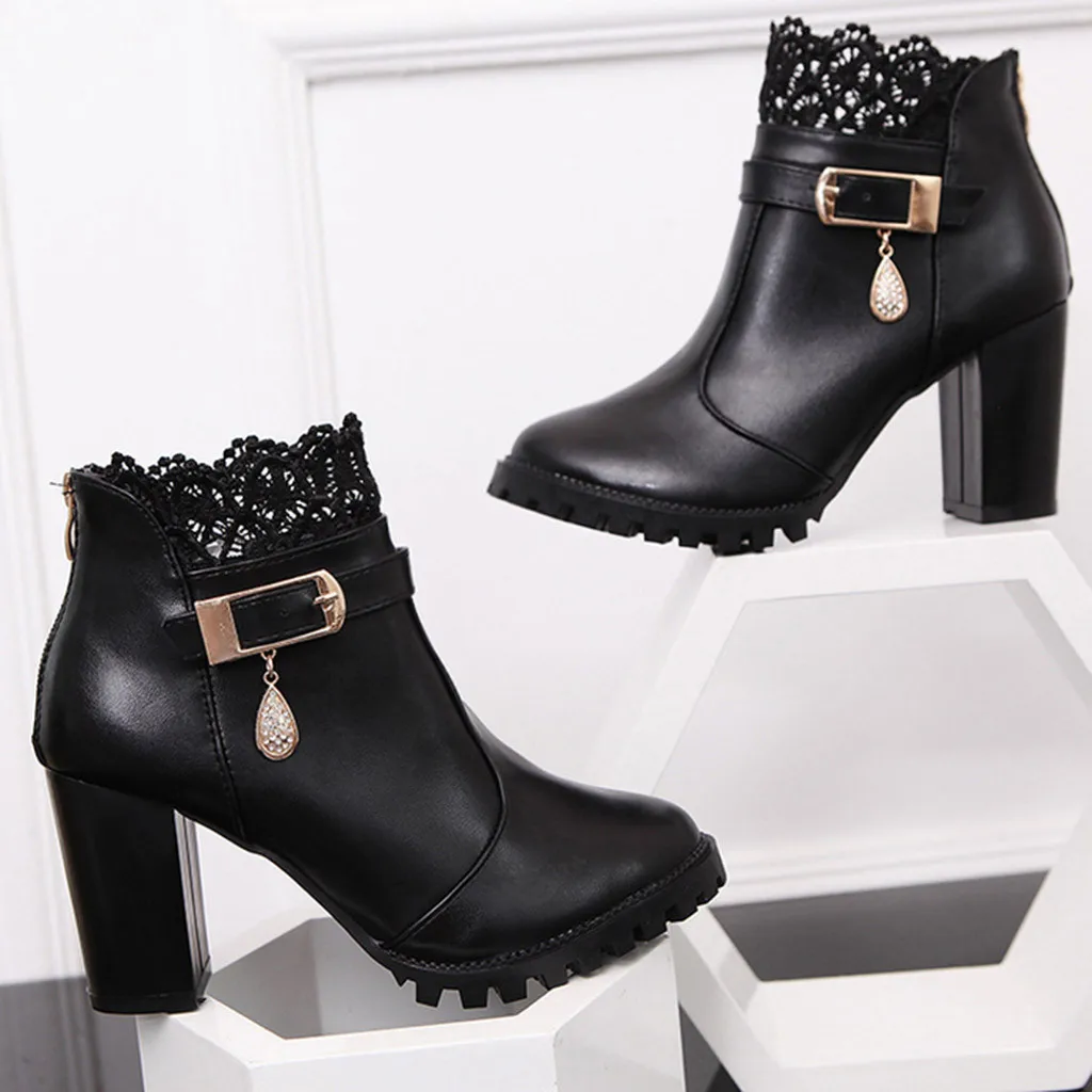 

Women Winter Shoes Lace Stitching Snow Boots Thick Heel Fur Inside Thick Foundation Keep Warm Wild Casual Boots
