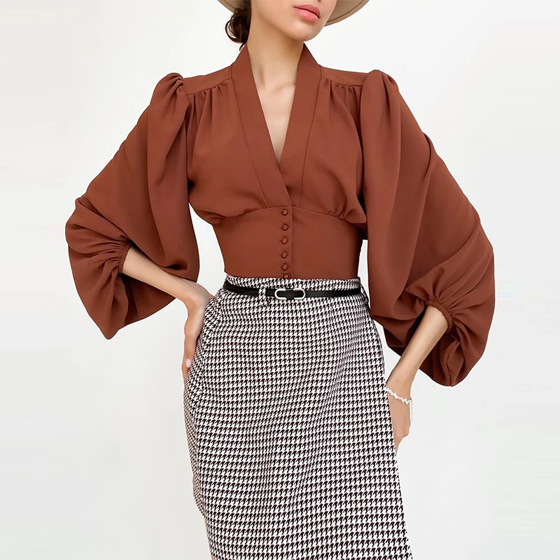 

Ladies Casual Solid Short Shirts Fashion V-neck Button Pullover Tops Women 2022 Spring Autumn Elegant Lantern Long Sleeve Blouse